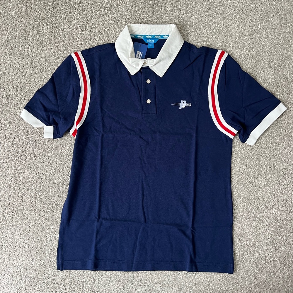 NWT Mens Prince Pickleball Navy Polo Shirt Red and White Stripes Size: Small